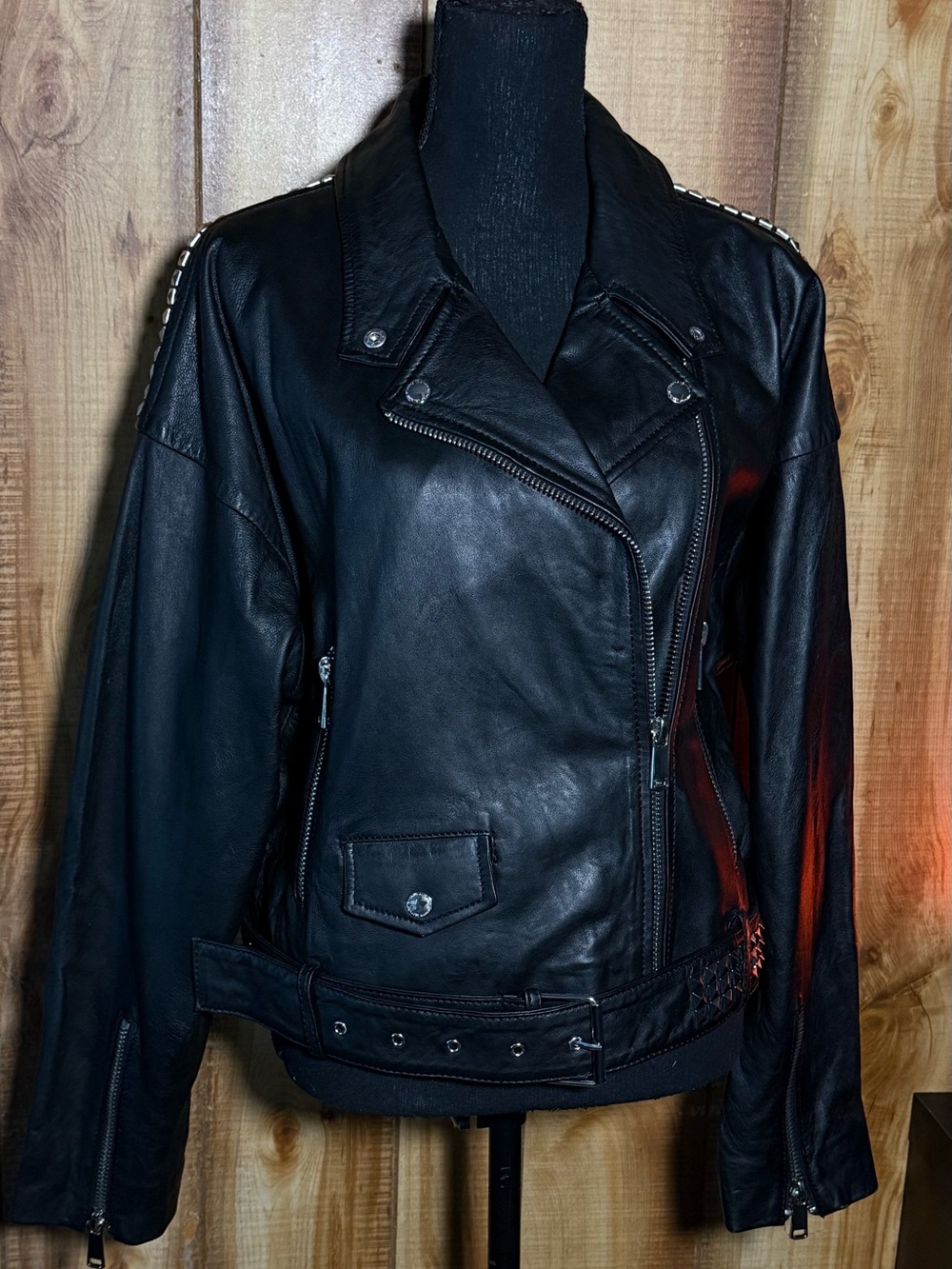 Wilsons Leather Black Stud-Trim Moto Jacket
